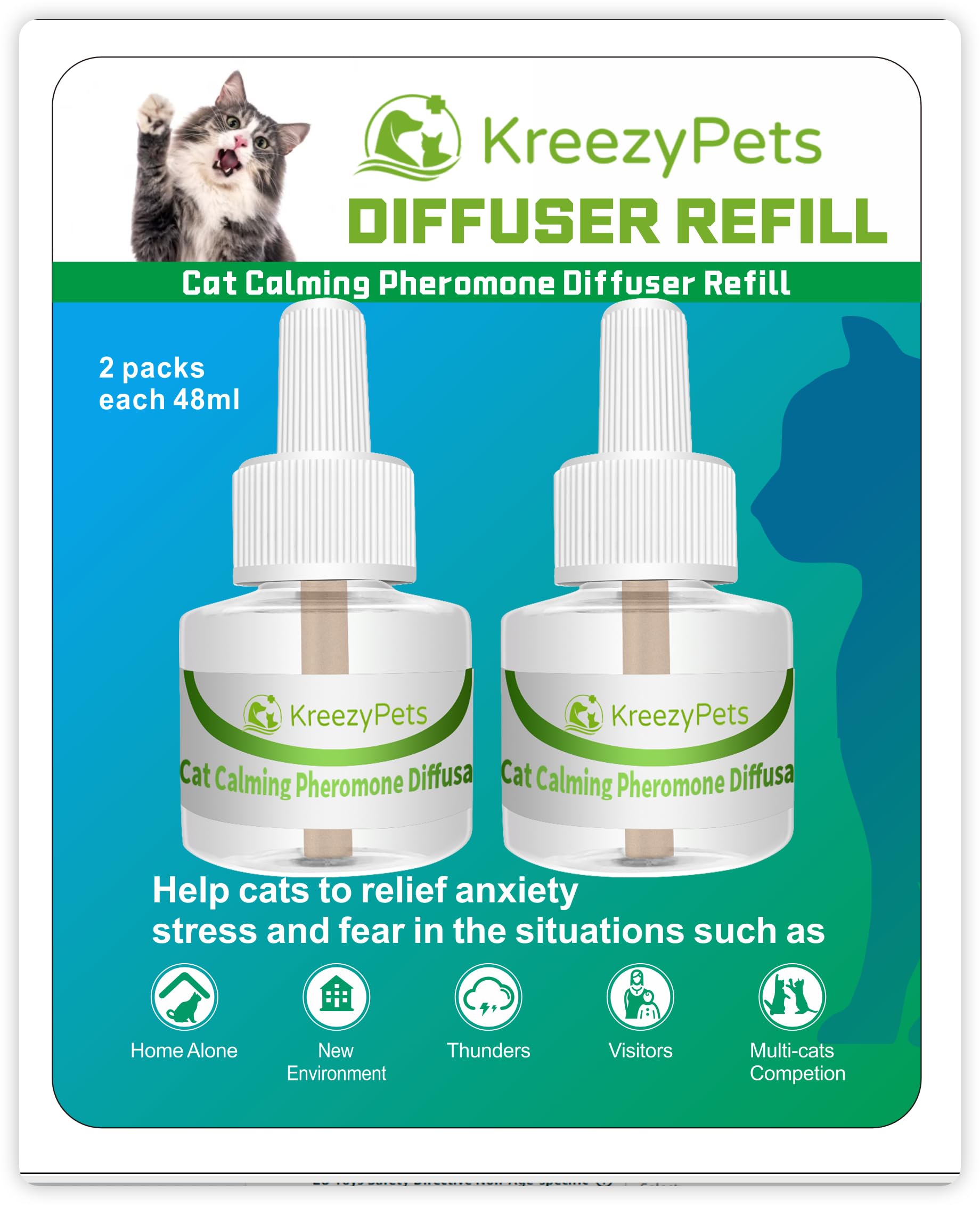 KreezyPets Cat Calming Pheromone Diffuser Refills 2 Packs Help Cats Reduce Stress Anti Anxiety 60 Days Supply New Formula for Long Lasting