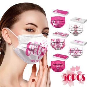 GOGCIAO Breast Cancer Awareness Accessories Disposable Face Cover with Designs for Women,Pink Ribbon Printed Pattern with Nose Wire,50Pcs