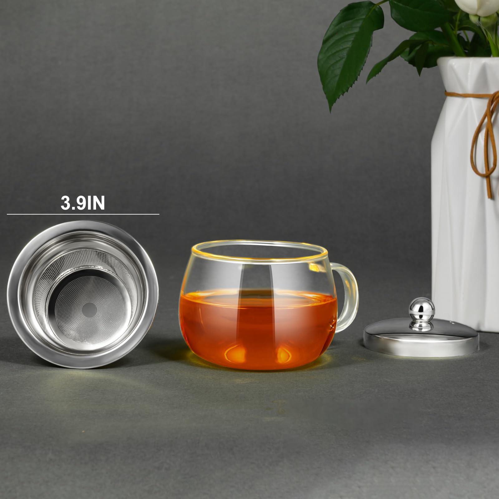 PARACITY Tea Cup with Infuser and lid, Glass Tea Cup of Heat Resistant Glass, 13oz Tea Mug, Clear Teacup for Loose Tea, Blooming Tea, Tea Bag, Tea Cup with Strainer for Family Daily