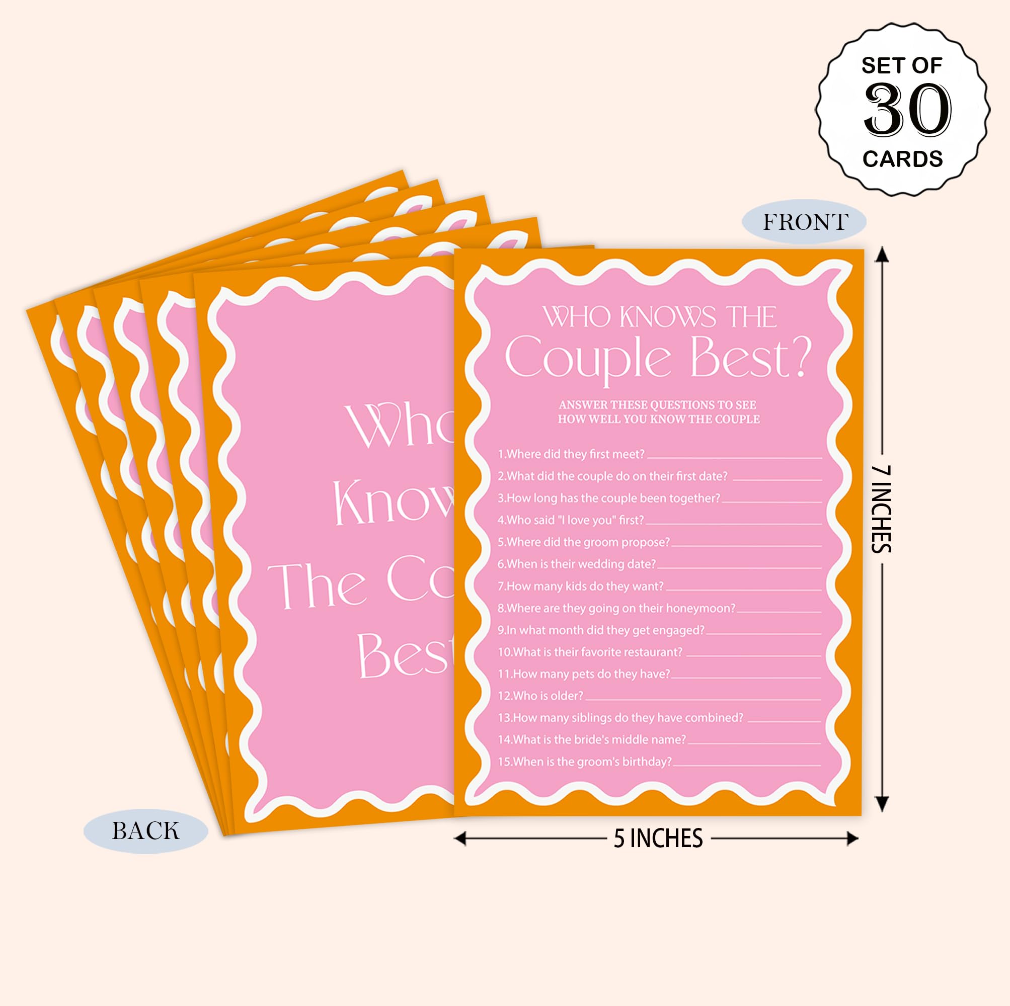 Pink Wavy Border Who Knows The Couple Best Game for 30 Guests with Game Cards, Wavy Border Bridal Shower Game, Modern Bridal Shower Decorations, Wedding Shower or Bachelorette Party Supplies - 03