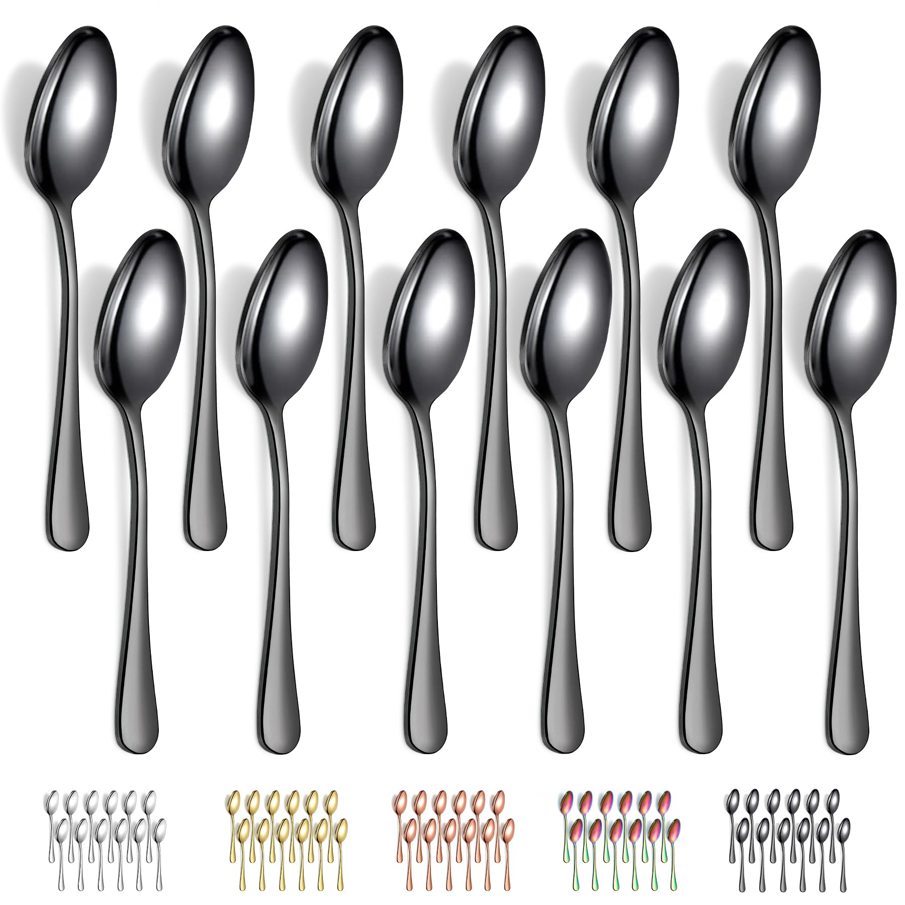 Evanda Black Dinner Spoons 12 Pieces, Black Titanium Plating Stainless Steel 7.28inch Spoons, Dessert Spoons, Table Spoon, Soup Spoons, Easy To Clean, Dishwasher Safe