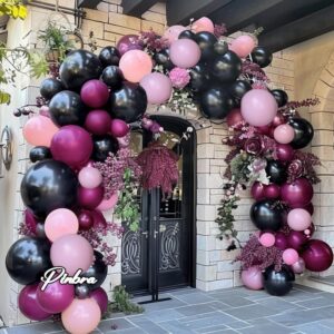 Black Pink Purple Balloons Double Stuffed Pastel Lavender Lilac Balloon Garland Dusty Mauve Plum Balloon Arch Kit For Halloween Wednesday Baby Shower Birthday Wedding Party Decoration