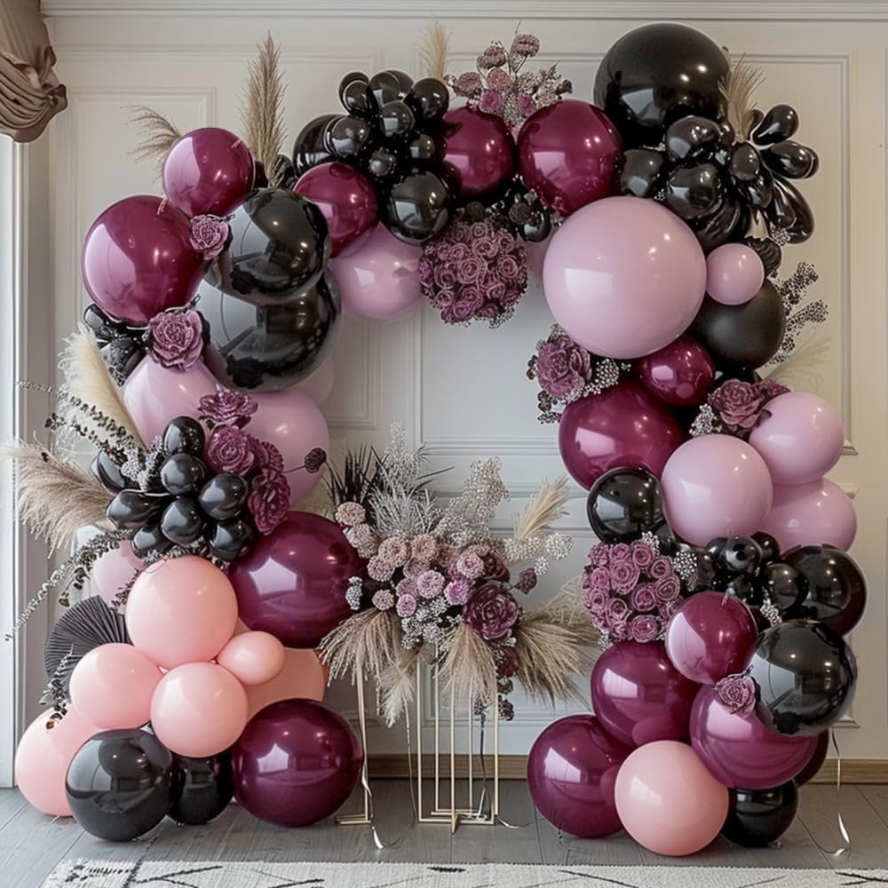 Black Pink Purple Balloons Double Stuffed Pastel Lavender Lilac Balloon Garland Dusty Mauve Plum Balloon Arch Kit For Halloween Wednesday Baby Shower Birthday Wedding Party Decoration