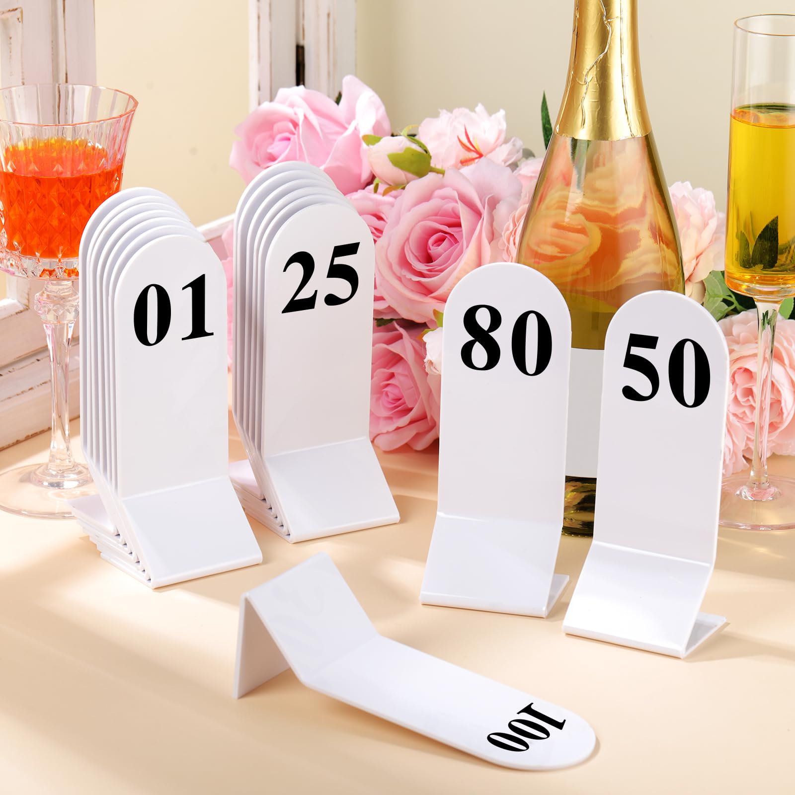 Geetery 100 Pcs Acrylic Table Numbers 1-100 Double Sided Table Number Cards Wedding Table Number Stands Restaurant Table Tent Table Number Signs for Party Banquets Supplies, 2.36 x 6.3 Inch (White)