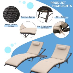 ALAULM Pool Lounge Chairs Outdoor Adjustable Chaise Lounge Chairs w/Sponge Cushion,2 Foldable & Portable Chairs and 1 Table for Poolside Patio Courtyard Seaside,Sand