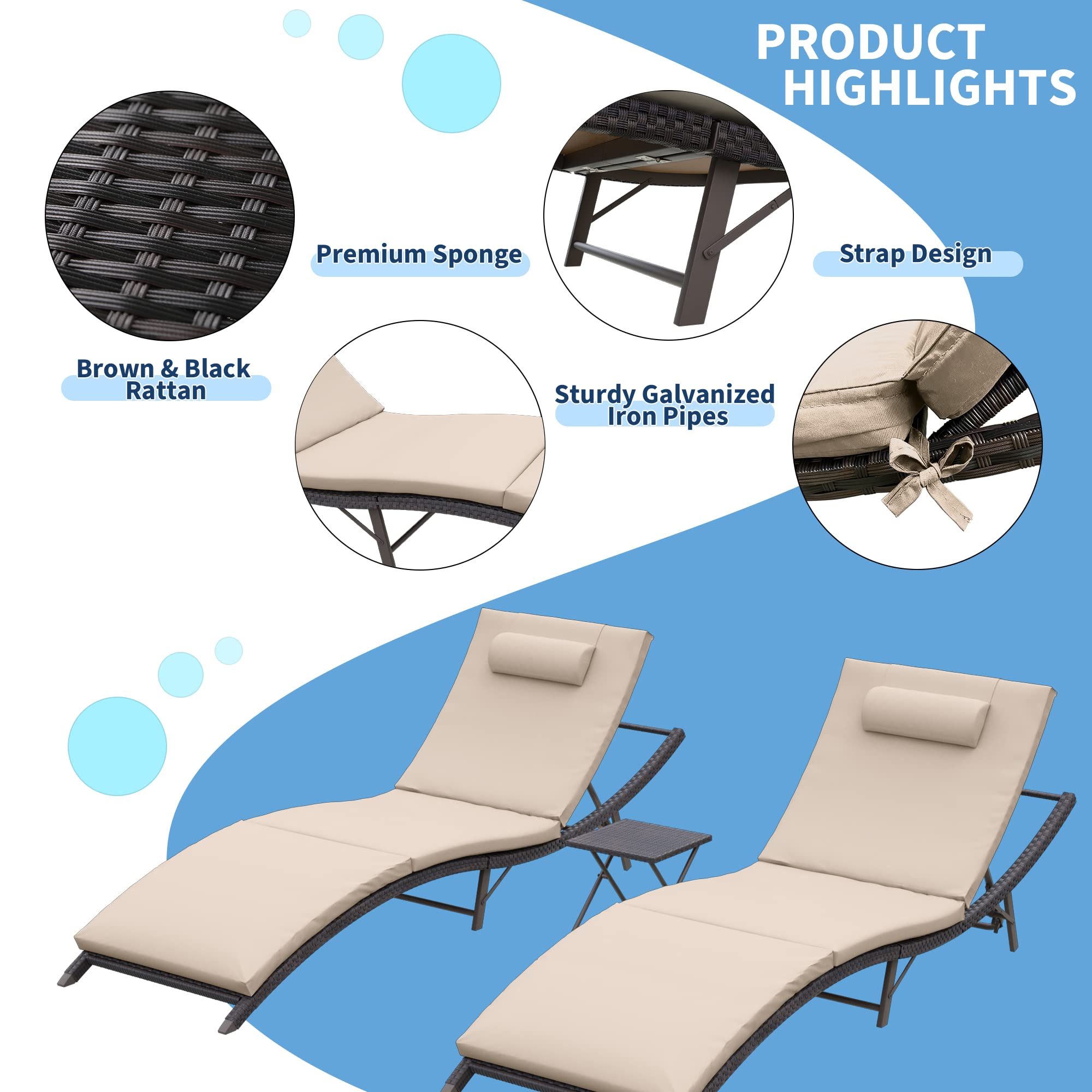 ALAULM Pool Lounge Chairs Outdoor Adjustable Chaise Lounge Chairs w/Sponge Cushion,2 Foldable & Portable Chairs and 1 Table for Poolside Patio Courtyard Seaside,Sand