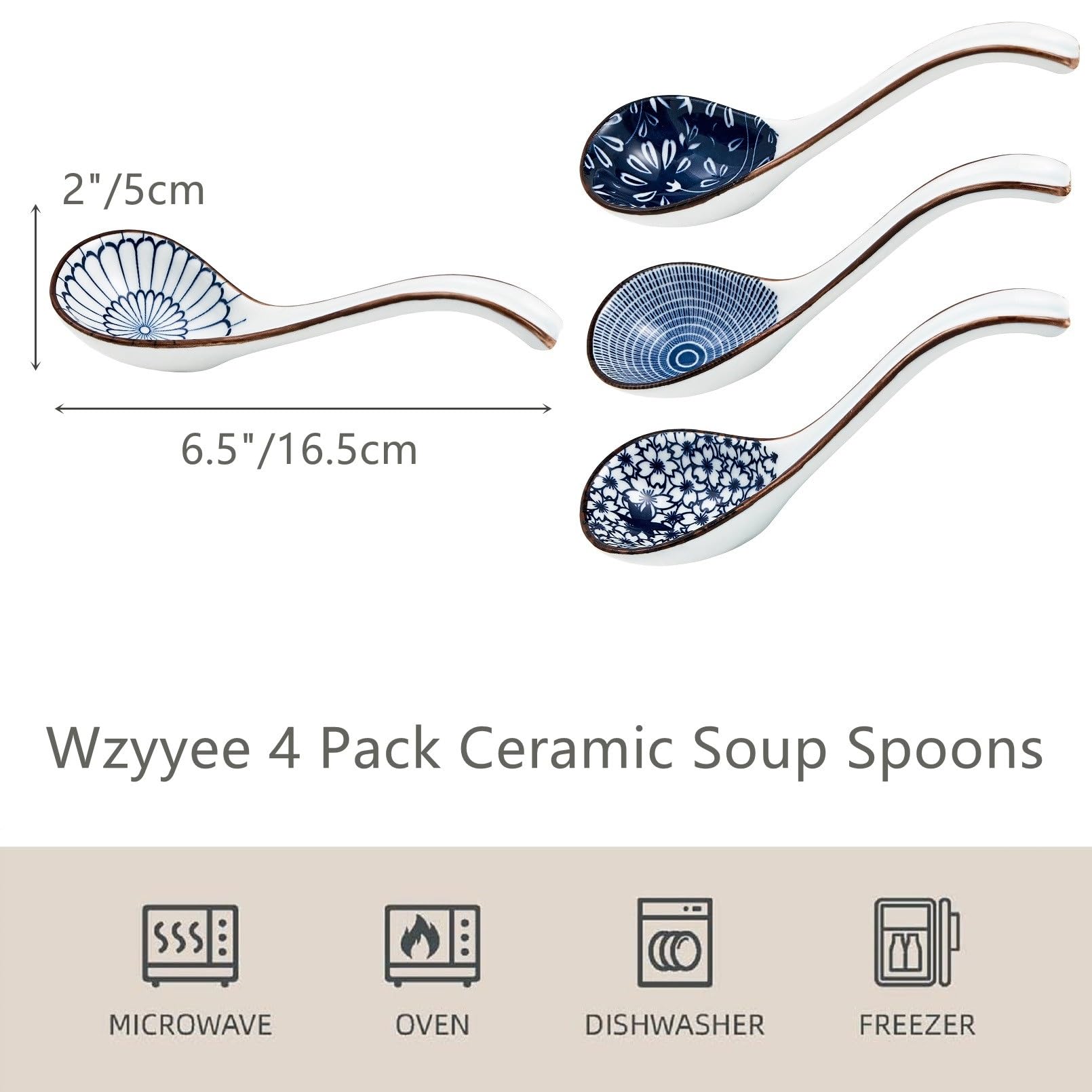 Wzyyee Asian Soup Spoons Set, Ceramic Soup Spoon Japanese Pho Miso Ramen Curries Spoons,Chinese Large Spoons Soup for Woton Noodles Dumpling Rice, Korean Long Handle Soup Spoon, 4 Pcs