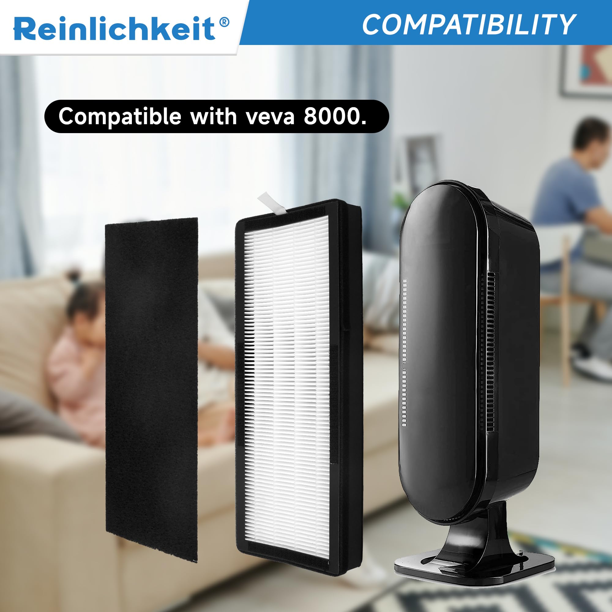 Reinlichkeit True HEPA filter compatible with VEVA 8000 Elite Pro Series Air Purifier，4 True HEPA Filters & 4 Premium Carbon Pre Filters