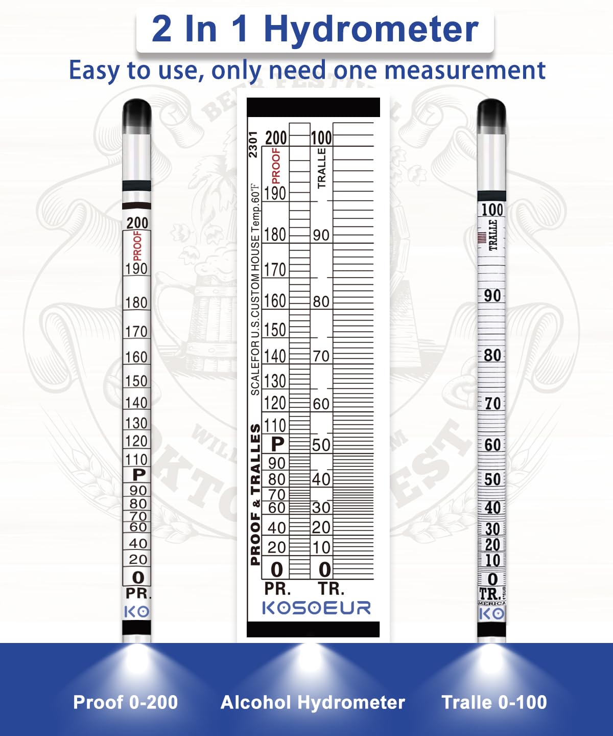 Hydrometer Alcohol Meter Kit, Hydrometer Alcohol 0-200 Proof and Tralle, Alcohol Tester for Liquor, Alcohol Hydrometer for Moonshine, Liquor, Spirits, Proofing, Distilling, with Hydrometer Test Jar