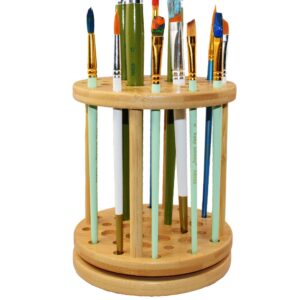 yeeyeah 360 rotating paint brush holder bamboo paint brush tray holder rack-large capacity watercolor paint brush holder display stand and organizer for desk, arts and crafts