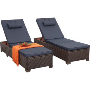 Rattan Star Outdoor Chaise Lounge Set of 2 Brown Wicker Patio Chaise Lounge Chairs Pool Lounge Chairs Multi-Angle Adjustable Backrest with Blue Cushions and Headrest