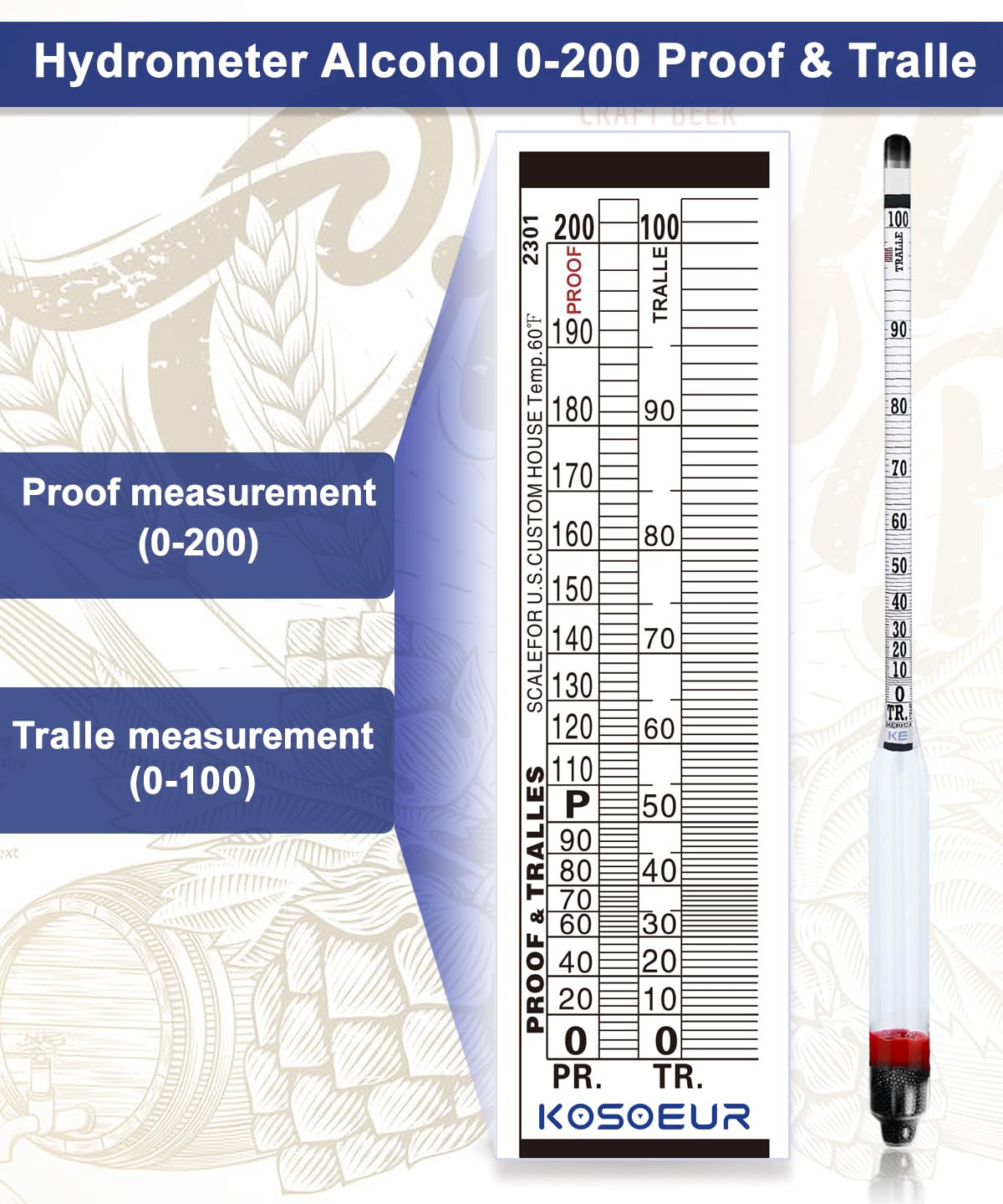 Hydrometer Alcohol Meter Kit, Hydrometer Alcohol 0-200 Proof and Tralle, Alcohol Tester for Liquor, Alcohol Hydrometer for Moonshine, Liquor, Spirits, Proofing, Distilling, with Hydrometer Test Jar