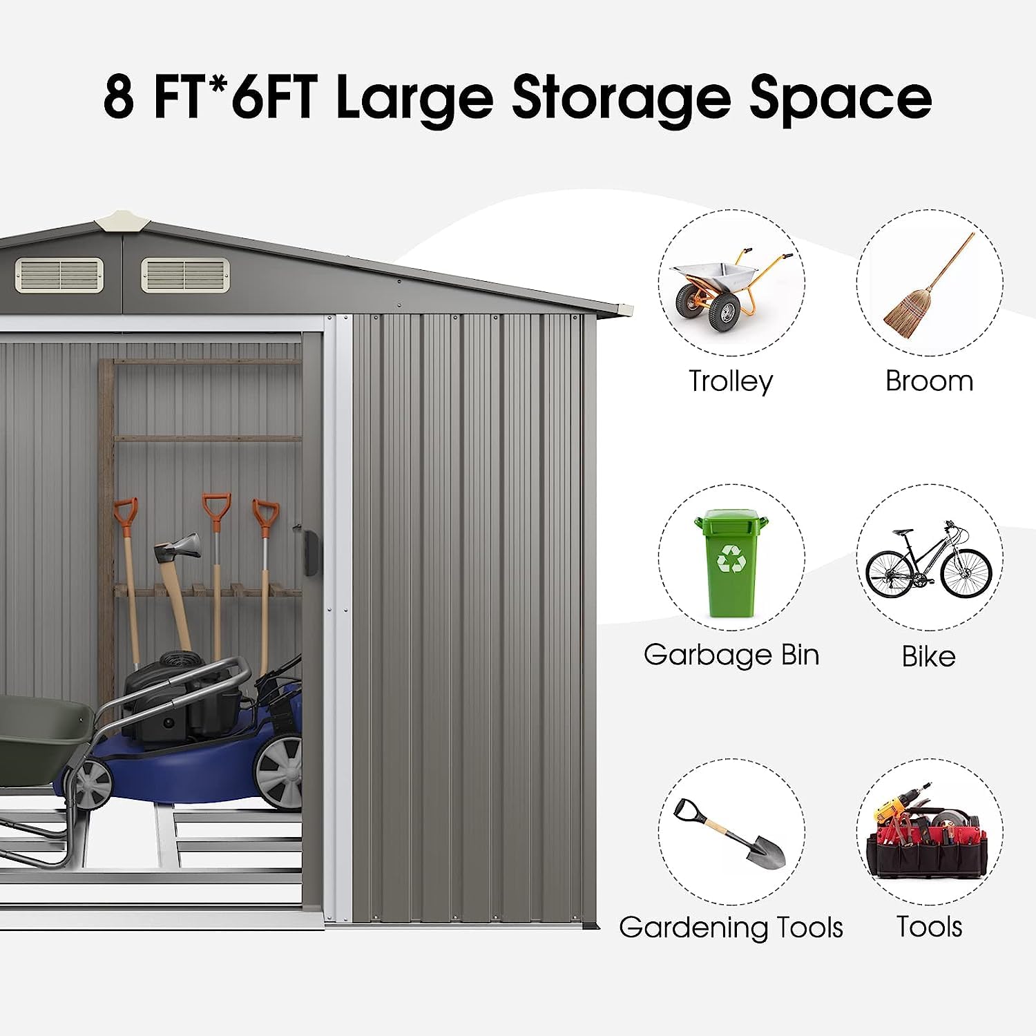 Goplus 8.5’ x 6.8’ x 6’ Outdoor Storage Shed, Weather-Resistant Utility Storage House w/Foundation, 4 Air Vents, Double Doors & Ramp, Galvanized Steel Tool Shed for Garden, Lawn, Patio, Yard