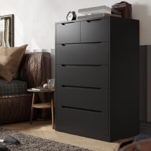 EnHomee Dresser for Bedroom, Dresser with 6 Wood Drawers, Black Dresser and Tall Dresser with Large Organizer, Wood Dressers & Chests of Drawers with Smooth Metal Rail, Black