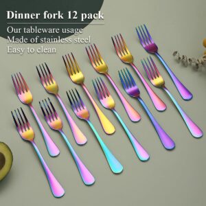 Evanda Rainbow Dinner Fork 12 Pieces, Rainbow Titanium Plating Stainless Steel 8.07inch Forks, Cake Forks, Table Forks,Dessert Forks, Easy To Clean, Dishwasher Safe