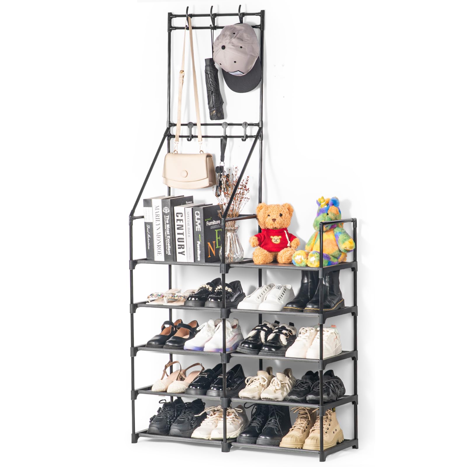 BukSuk 5 Tiers Shoe Rack, 20 Pairs Shoe Rack Organizer, Shoe Rack & Coat Rack, Space-Saving Shoe Rack for Closet, Non-Woven Fabric Shoe Shelf (Black)