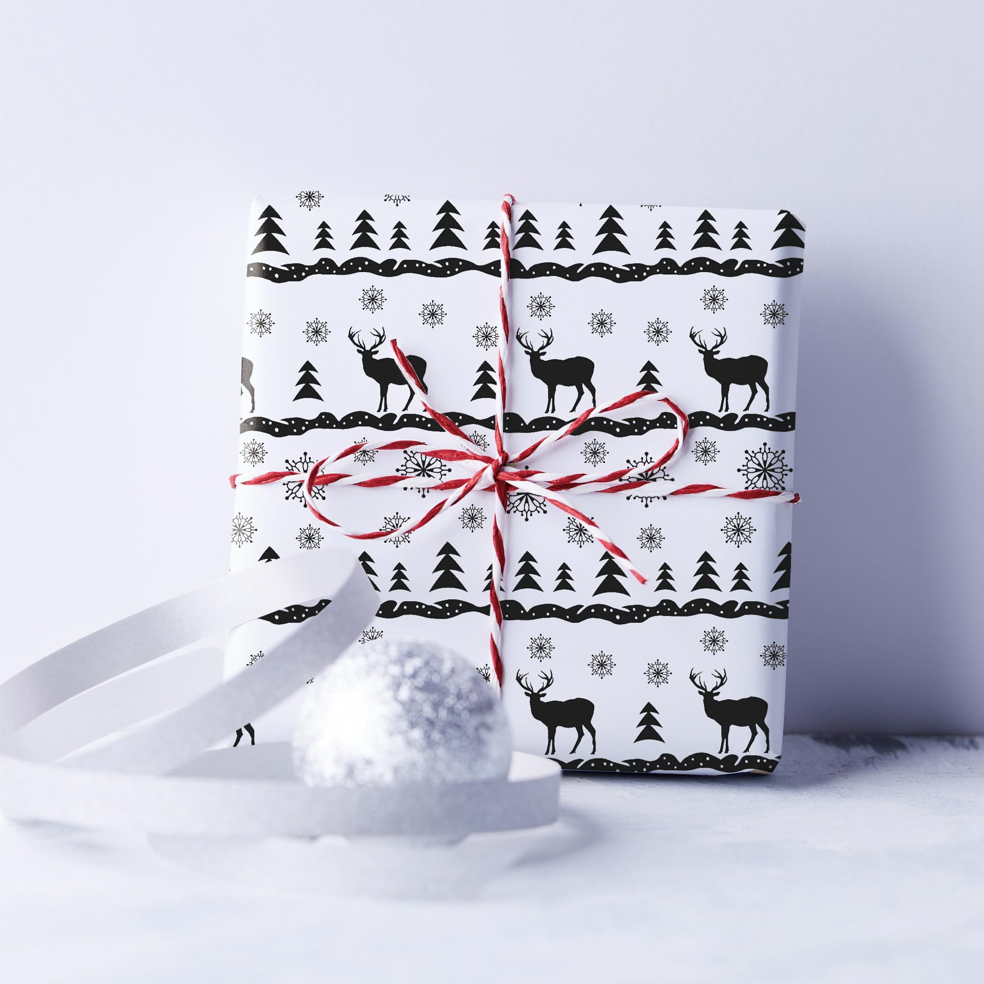 SaringSwoon Black White Christmas Wrapping Paper for Kids - Holiday Gift Wrap With Gnome, Reindeer, Snowman, Farmhouse, Xmas Tree Winter Designs - 40×28 Inches, 6 Folded Jumbo Sheets