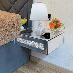 mirrored floating bedside nightstand with drawer, wall mounted silver glass crystal diamond bling decoration organizer for bedroom, living room, small space, 14.5"×11.5"×4.5"