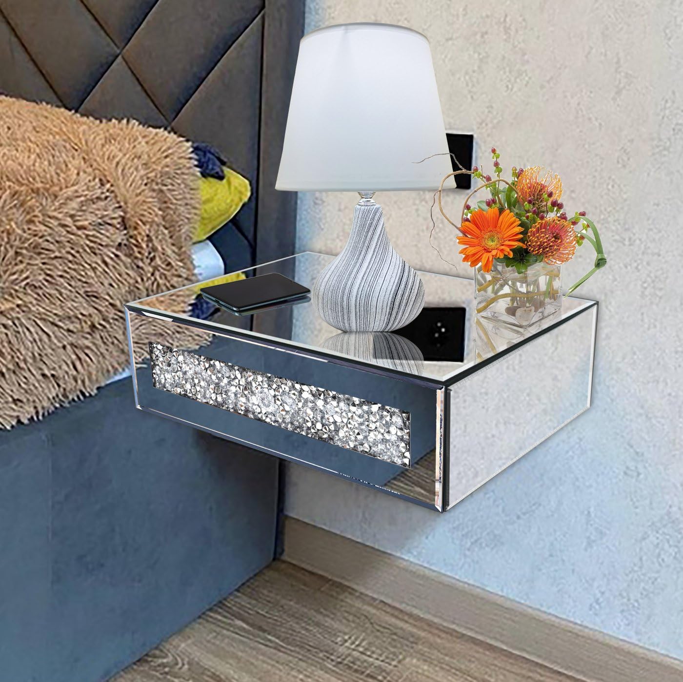 Mirrored Floating Bedside Nightstand with Drawer, Wall Mounted Silver Glass Crystal Diamond Bling Decoration Organizer for Bedroom, Living Room, Small Space, 14.5"×11.5"×4.5"