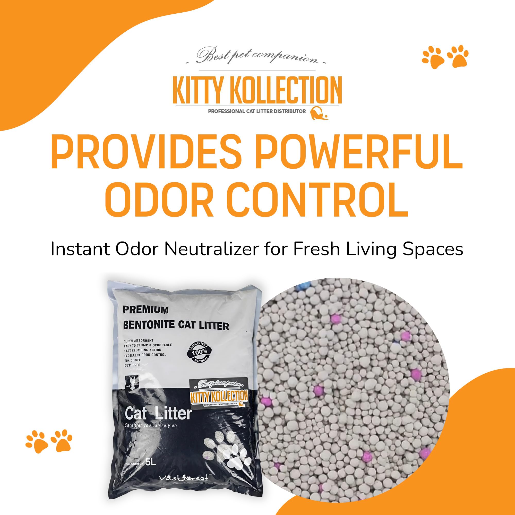 Kitty Kollection - Premium Bentonite Cat Litter, Easy-to-Clump Super Absorbent Kitty Litter with Excellent Odor Control, Toxin-&-Dust-Free Unscented Cat Litter, 5L