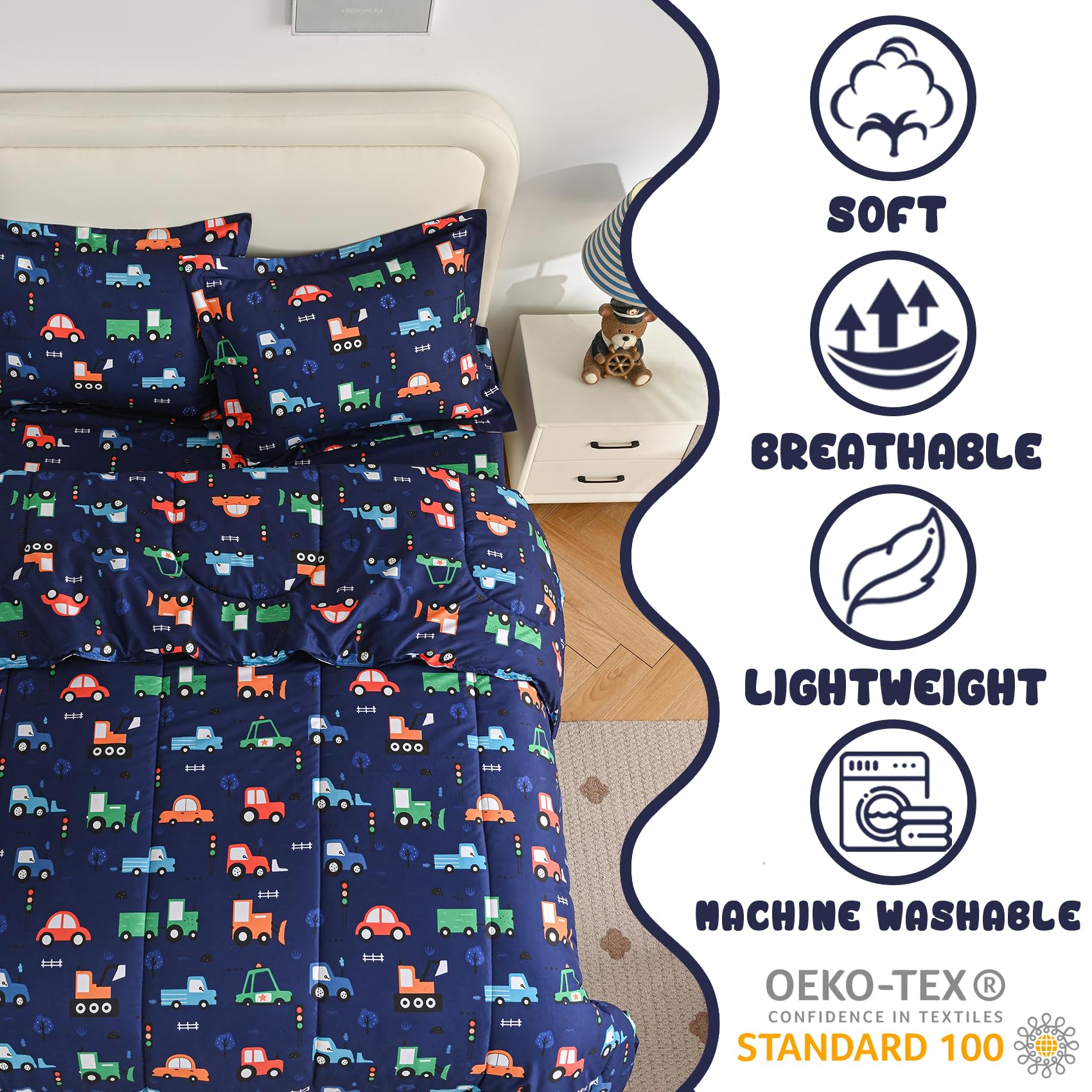 Yibeizi Car Kids Comforter Set for Boys Twin, Cute Reversible Quilted Navy Blue Printed Construction Toddler Bedding Set with Pillow Sham, Lightweight Soft Breathable Machine Washable Bed Set 2 Piece