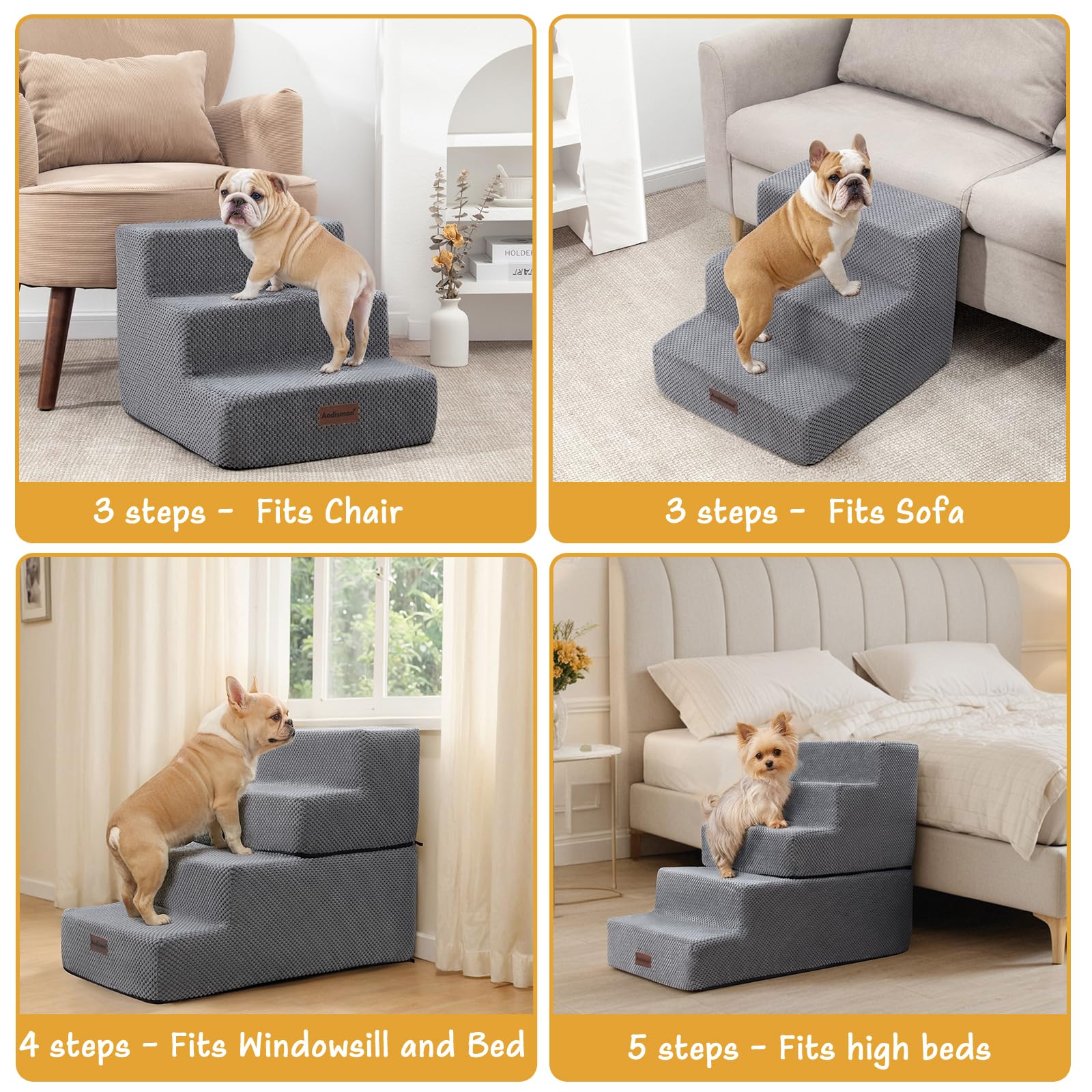 Dog Steps for Small Dog, 3-Step Dog Stairs for High Beds and Couch, Non-Slip Pet Stairs for Small Dogs and Cats,Dog Bed Stairs, Grey, 3/4/5 Steps