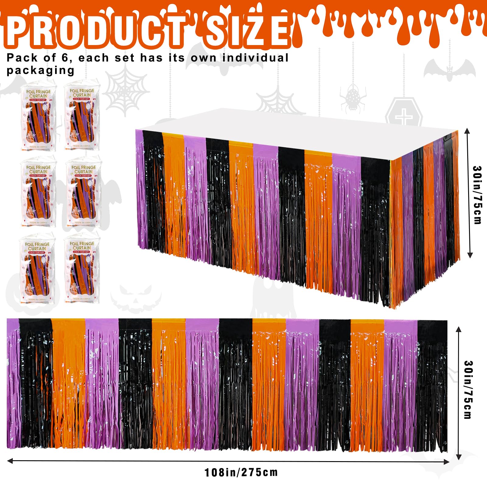 6 Pack 30x108 Inch Halloween Table Skirt Decoration, Metallic Foil Fringe Tinsel Table Skirts, Curtains Backdrop Parade Floats Birthday Halloween Christmas Party Decoration(Black Orange Purple)