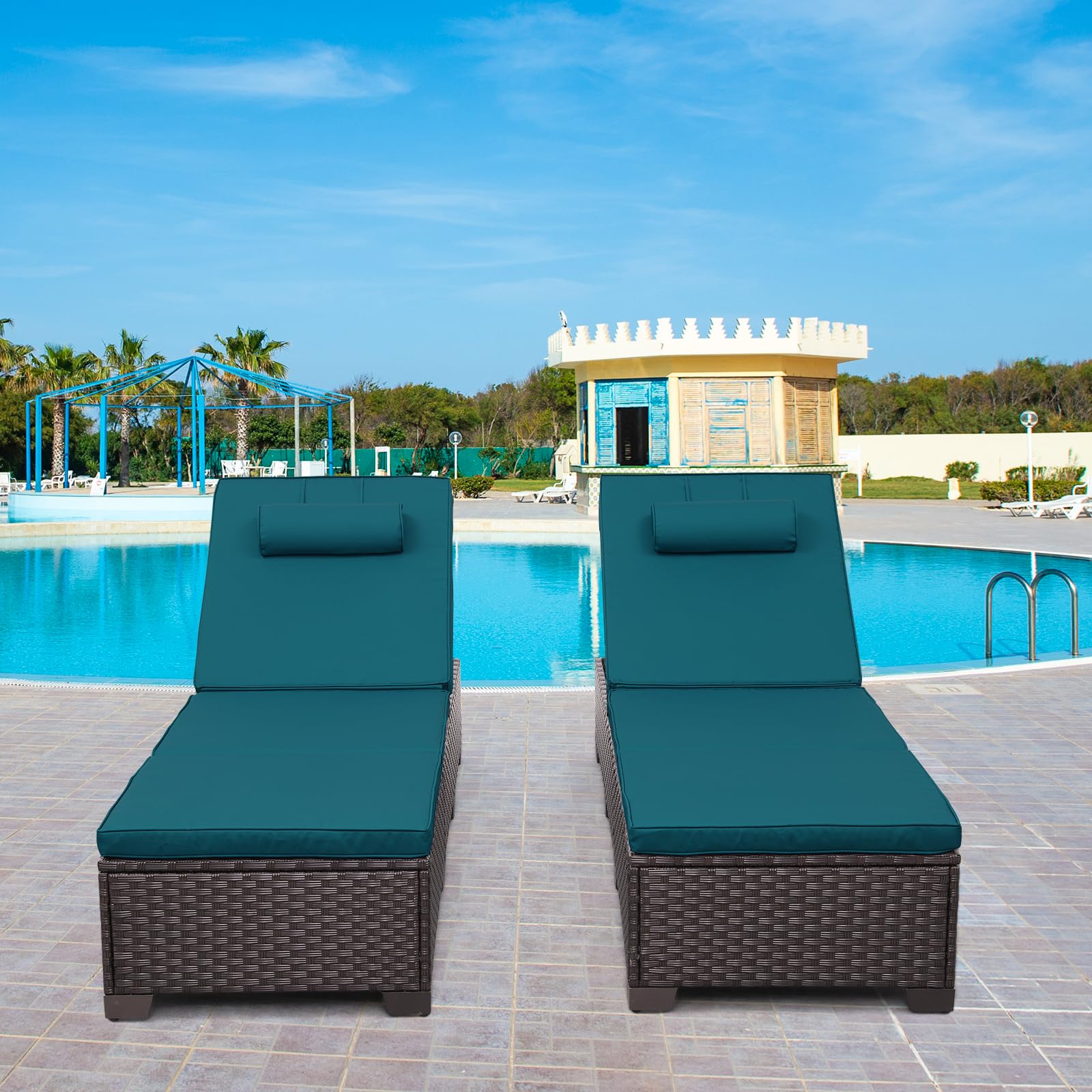 Rattan Star Outdoor Chaise Lounge Set of 2 Brown Wicker Patio Chaise Lounge Chairs Pool Lounge Chairs Multi-Angle Adjustable Backrest with Peacock Blue Cushions and Headrest