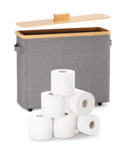 bulado toilet paper storage stand, toilet paper basket with lid for 12-roll standard extra toilet paper holder, wood toilet paper organizer for bathroom with footbase the ultimate bathroom organizer