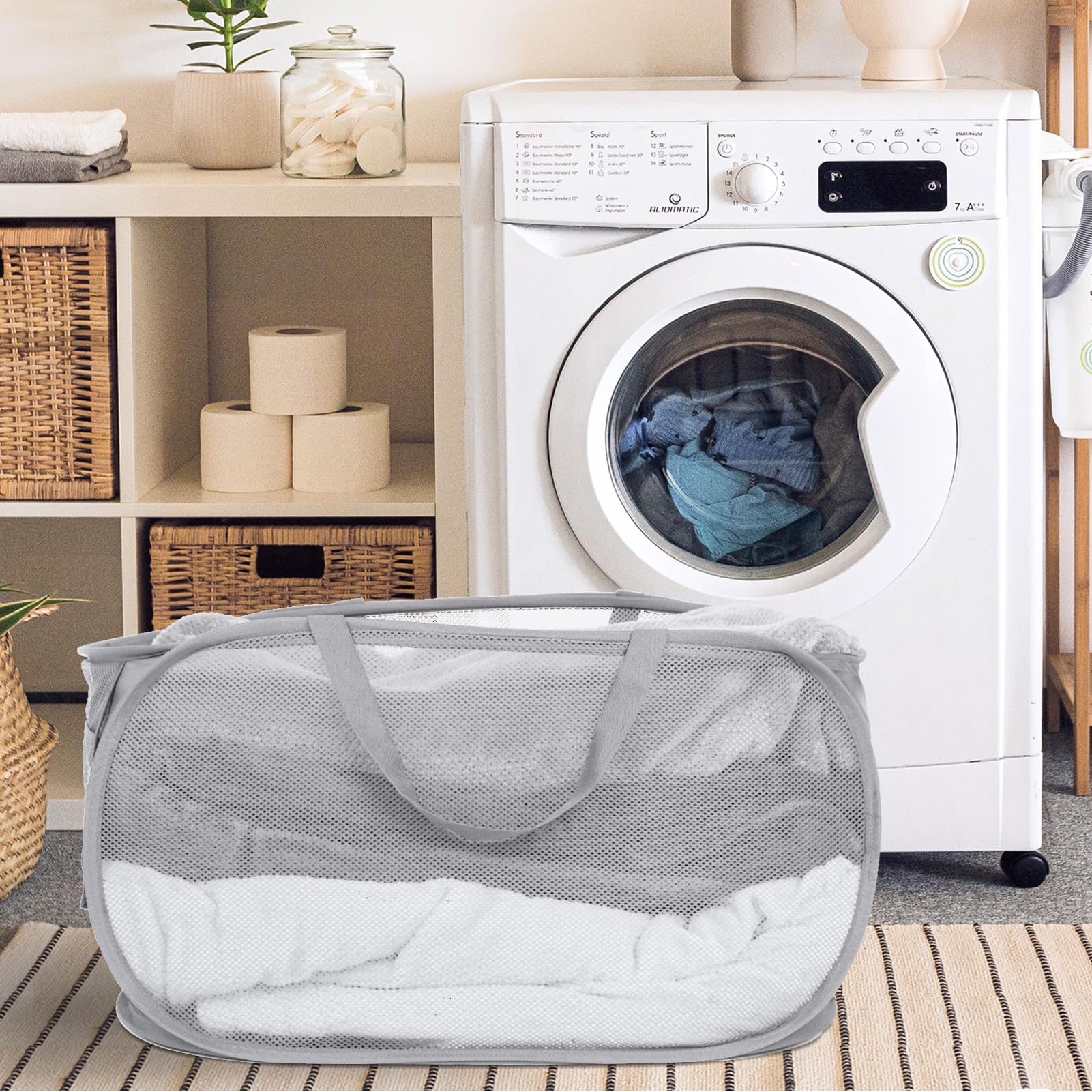 Durable Collapsible Laundry Baskets, Mesh Pop Up Laundry Hamper with Handy Pocket, Foldable Large Space Clothes Hamper with Reinforced Carry Handles for Laundry, Bathroom, Kids Room or Travel Grey