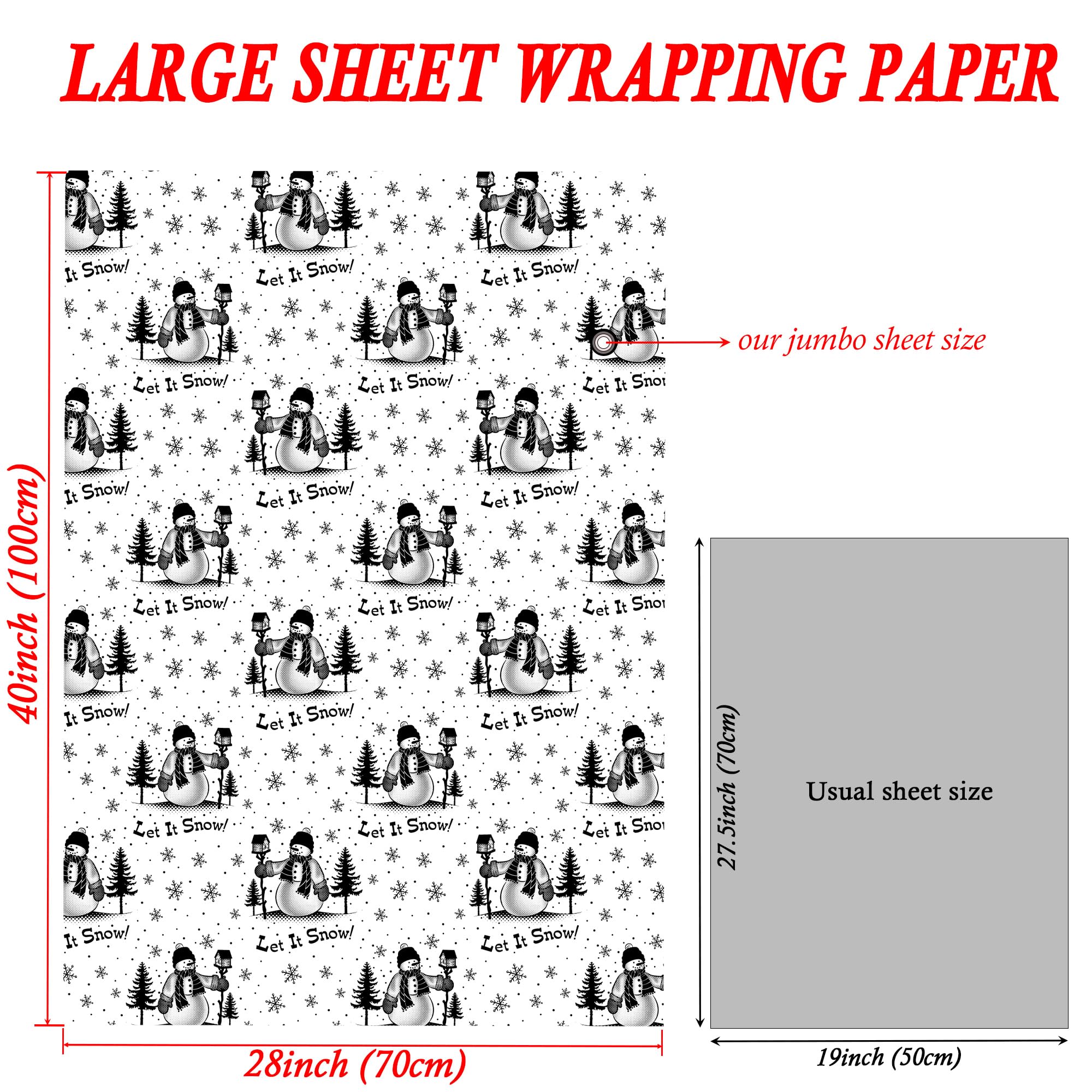 SaringSwoon Black White Christmas Wrapping Paper for Kids - Holiday Gift Wrap With Gnome, Reindeer, Snowman, Farmhouse, Xmas Tree Winter Designs - 40×28 Inches, 6 Folded Jumbo Sheets