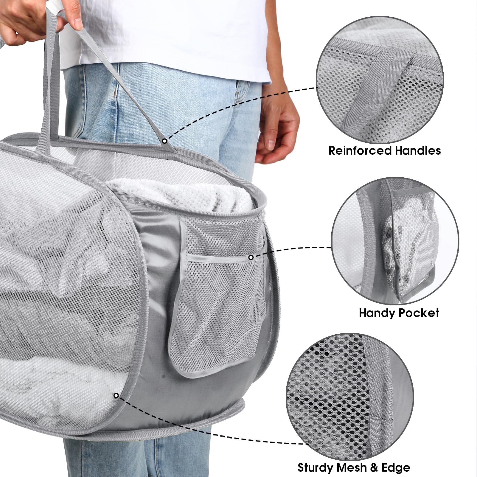 Durable Collapsible Laundry Baskets, Mesh Pop Up Laundry Hamper with Handy Pocket, Foldable Large Space Clothes Hamper with Reinforced Carry Handles for Laundry, Bathroom, Kids Room or Travel Grey