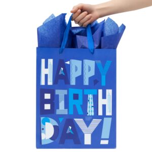 13" Large Blue Gift Bags Set with Greeting Card and Tissue Papers (Blue Happy Birthday) for Men's Birthday Party,Kids' Parties, Baby Shower, or Baby Boy - 13”x10.2”x5.2”, 1 Pcs