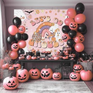 Mocsicka Halloween Bachelorette Party Backdrop Let's Go Ghouls Bridal Shower Party Decorations Retro Groovy Hippie Ghost Boo Wedding Engagement Cake Table Banner (Pink, 8x6ft(96''x72''))