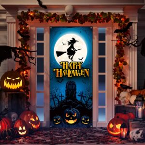 panelee halloween door decorations 79 x 35 inches skeleton witch window door cover photo posters banner backdrop halloween wallpaper sticker for front door porch halloween party supplies(moon, witch)