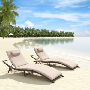 alaulm pool lounge chairs outdoor adjustable chaise lounge chairs w/sponge cushion,2 foldable & portable chairs and 1 table for poolside patio courtyard seaside,sand