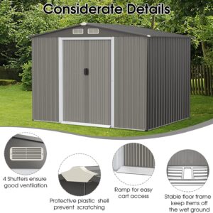 Goplus 8.5’ x 6.8’ x 6’ Outdoor Storage Shed, Weather-Resistant Utility Storage House w/Foundation, 4 Air Vents, Double Doors & Ramp, Galvanized Steel Tool Shed for Garden, Lawn, Patio, Yard