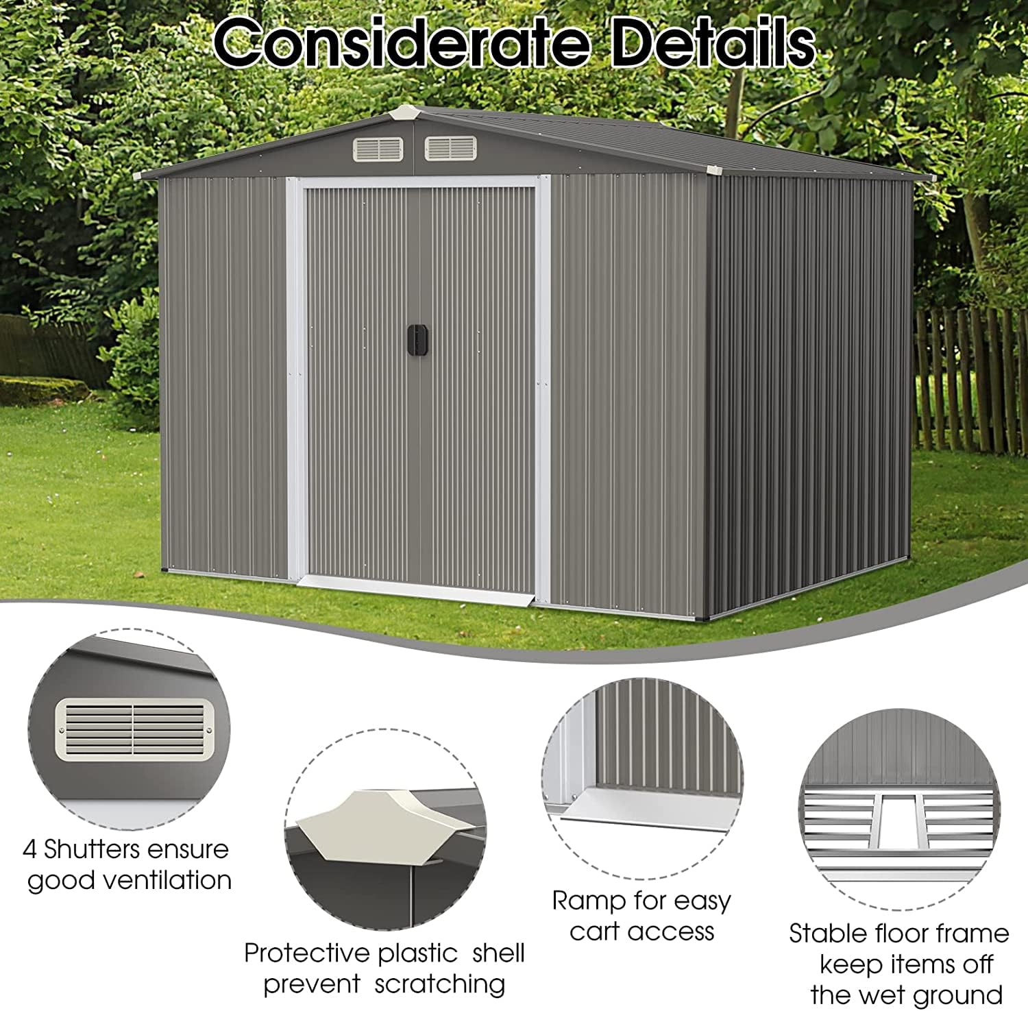 Goplus 8.5’ x 6.8’ x 6’ Outdoor Storage Shed, Weather-Resistant Utility Storage House w/Foundation, 4 Air Vents, Double Doors & Ramp, Galvanized Steel Tool Shed for Garden, Lawn, Patio, Yard