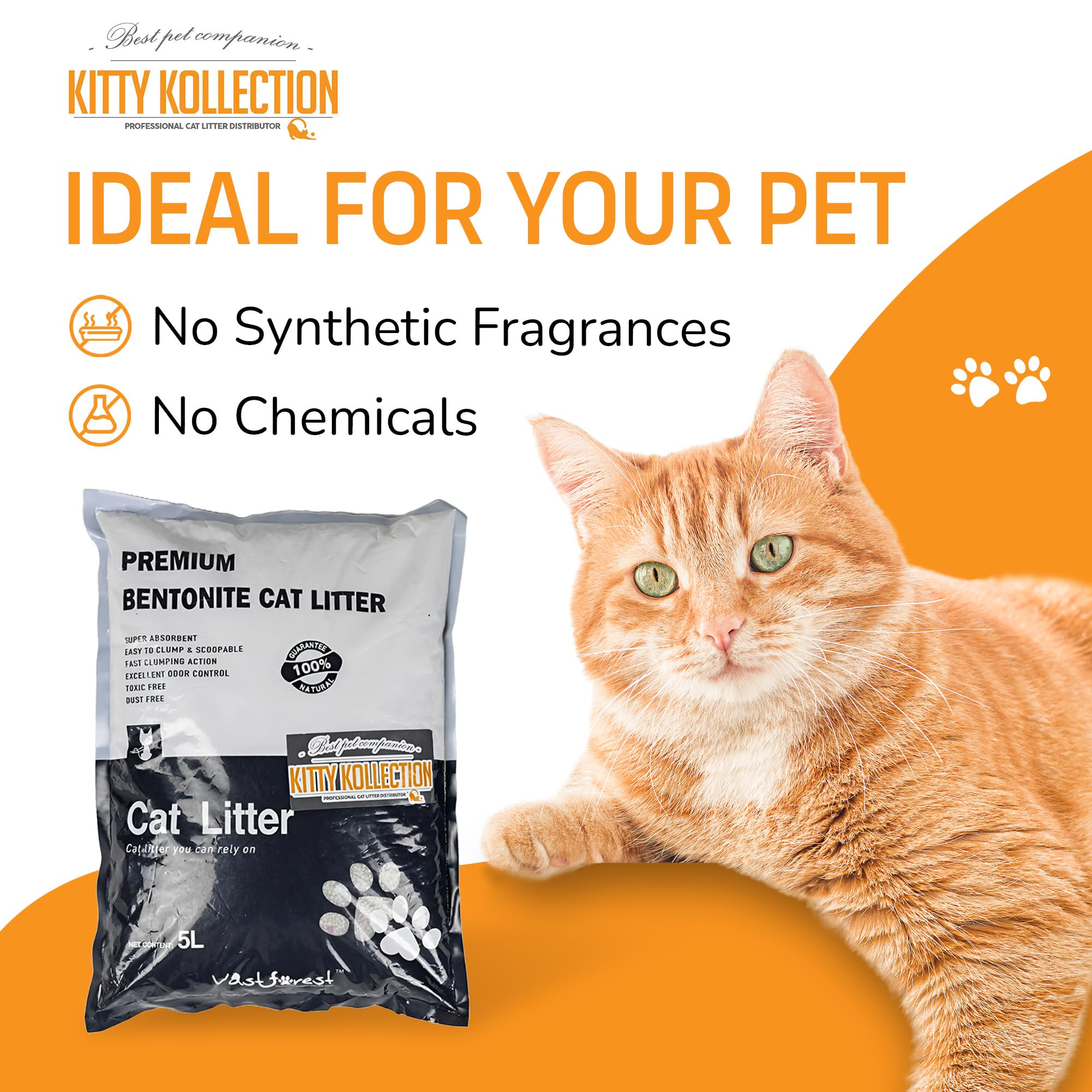 Kitty Kollection - Premium Bentonite Cat Litter, Easy-to-Clump Super Absorbent Kitty Litter with Excellent Odor Control, Toxin-&-Dust-Free Unscented Cat Litter, 5L