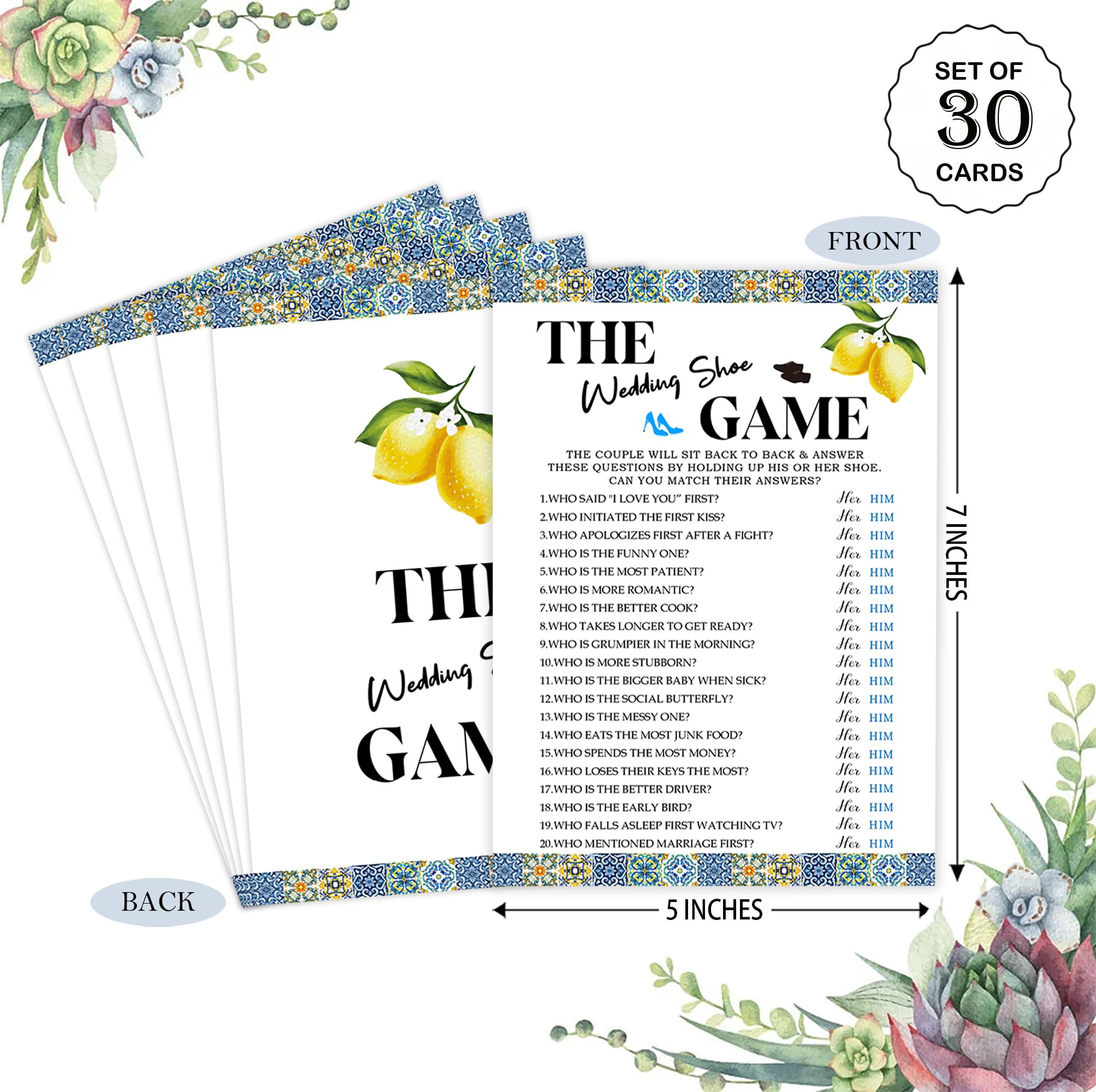 Blue Tiles and Lemons The Wedding Shoe Game for 30 Guests with Game Cards, Lemons Bridal Shower Game, Modern Bridal Shower Decorations, Wedding Shower or Bachelorette Party Supplies - 02