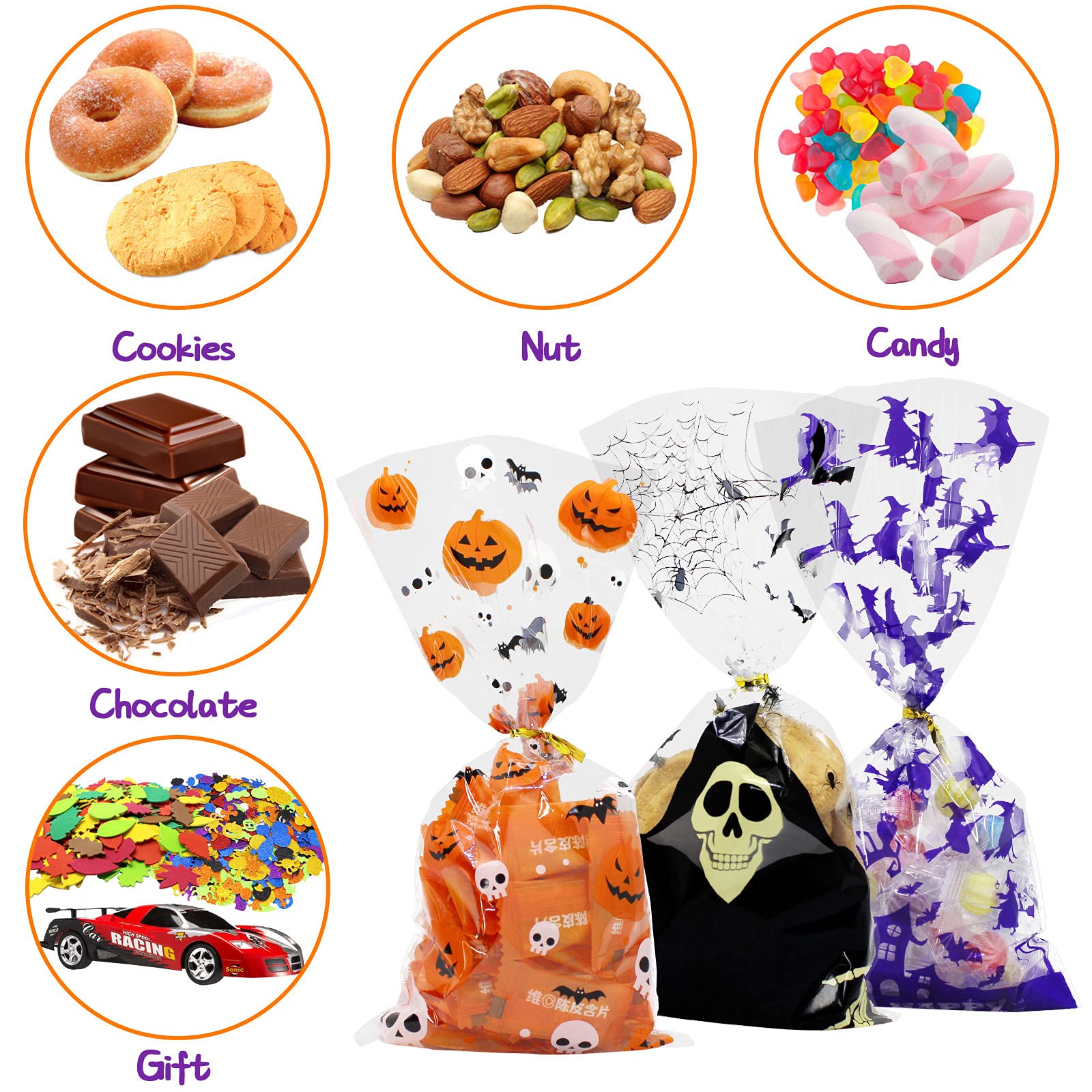 150PCS Halloween Treat Bags Halloween Cellophane Treat Bags with Twist Ties for Halloween Party Favor Supplies