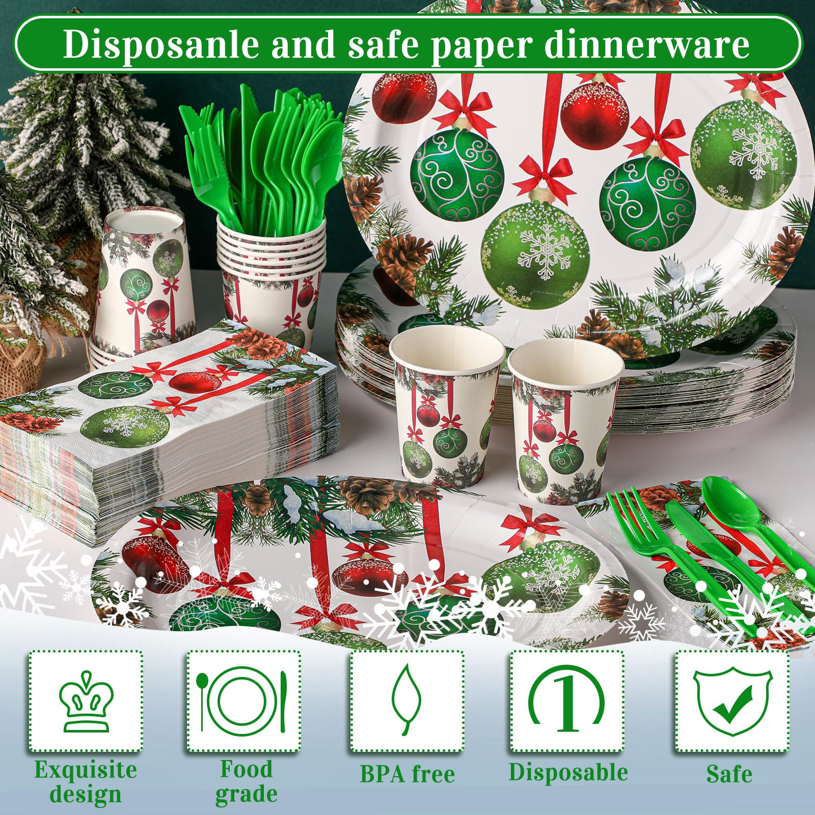 Suttmin 400 Pcs Red Green Balls Plates and Napkins for 50 Guests Bridal Shower Party Decorations Disposable Dinnerware Set Disposable Plates Napkins Cups Set for Summer Christmas Party Supplies