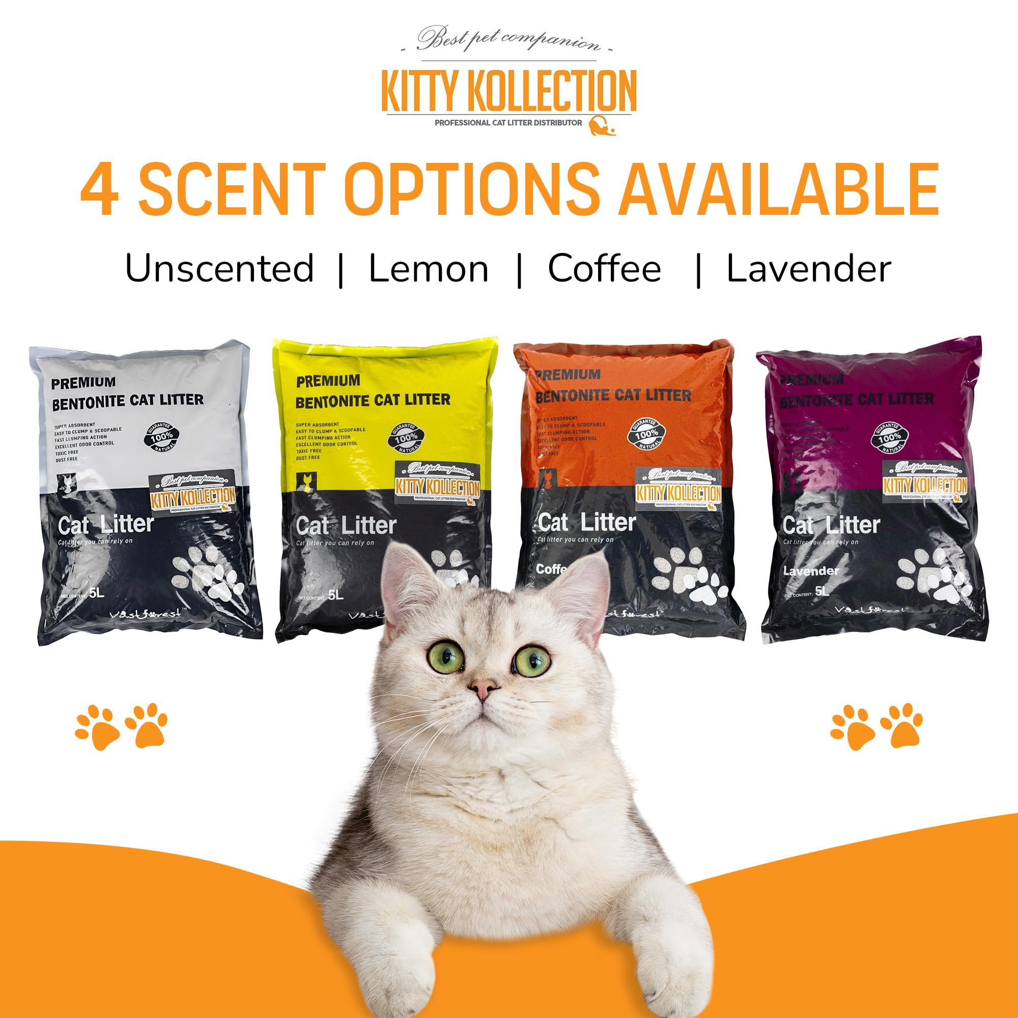 Kitty Kollection - Premium Bentonite Cat Litter, Easy-to-Clump Super Absorbent Kitty Litter with Excellent Odor Control, Toxin-&-Dust-Free Unscented Cat Litter, 5L