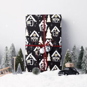 SaringSwoon Black White Christmas Wrapping Paper for Kids - Holiday Gift Wrap With Gnome, Reindeer, Snowman, Farmhouse, Xmas Tree Winter Designs - 40×28 Inches, 6 Folded Jumbo Sheets