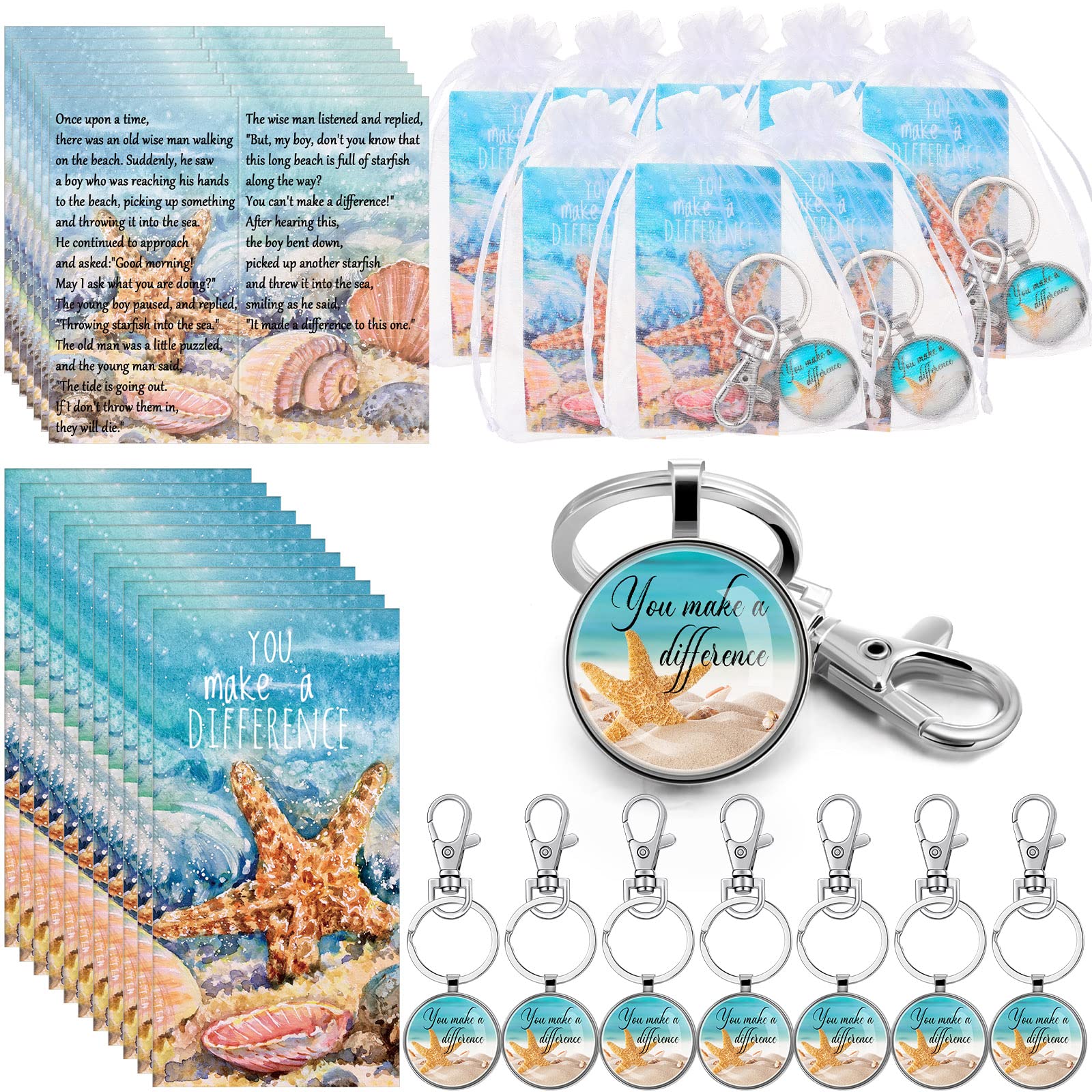 Bucherry 30 Sets Starfish Story Gifts Appreciation Keychains You Make a Difference Cards with Organza Bags for Employee Tech Week Thank You Gifts Coworkers Christmas Party Favors