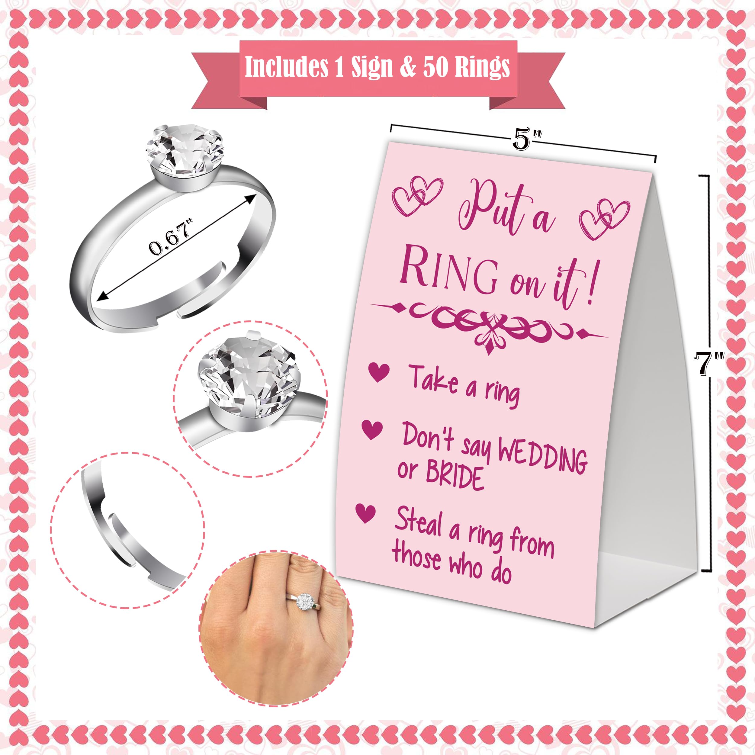 Bridal Shower Games Put A Ring on It,Bridal Shower Decorations,Wedding Game card with Pink Style Rose Red Font,Engagement Party Games,Bridal Shower Favors,Plastic Rings for Bridal Shower Game(14)