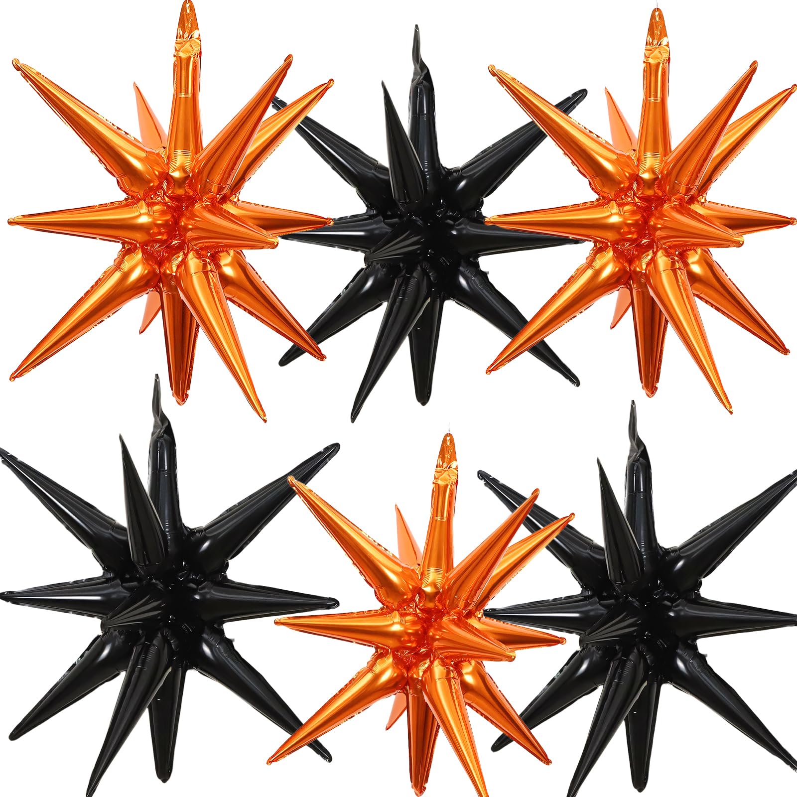 6 Pieces 27 Inches Black Orange Explosion Balloons, Large 14-Pointed One-Piece Cone Stars Fireworks Aluminum Foil Balloons for Halloween Birthday Graduation Backdrop Party Decorations