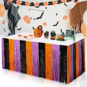 6 Pack 30x108 Inch Halloween Table Skirt Decoration, Metallic Foil Fringe Tinsel Table Skirts, Curtains Backdrop Parade Floats Birthday Halloween Christmas Party Decoration(Black Orange Purple)