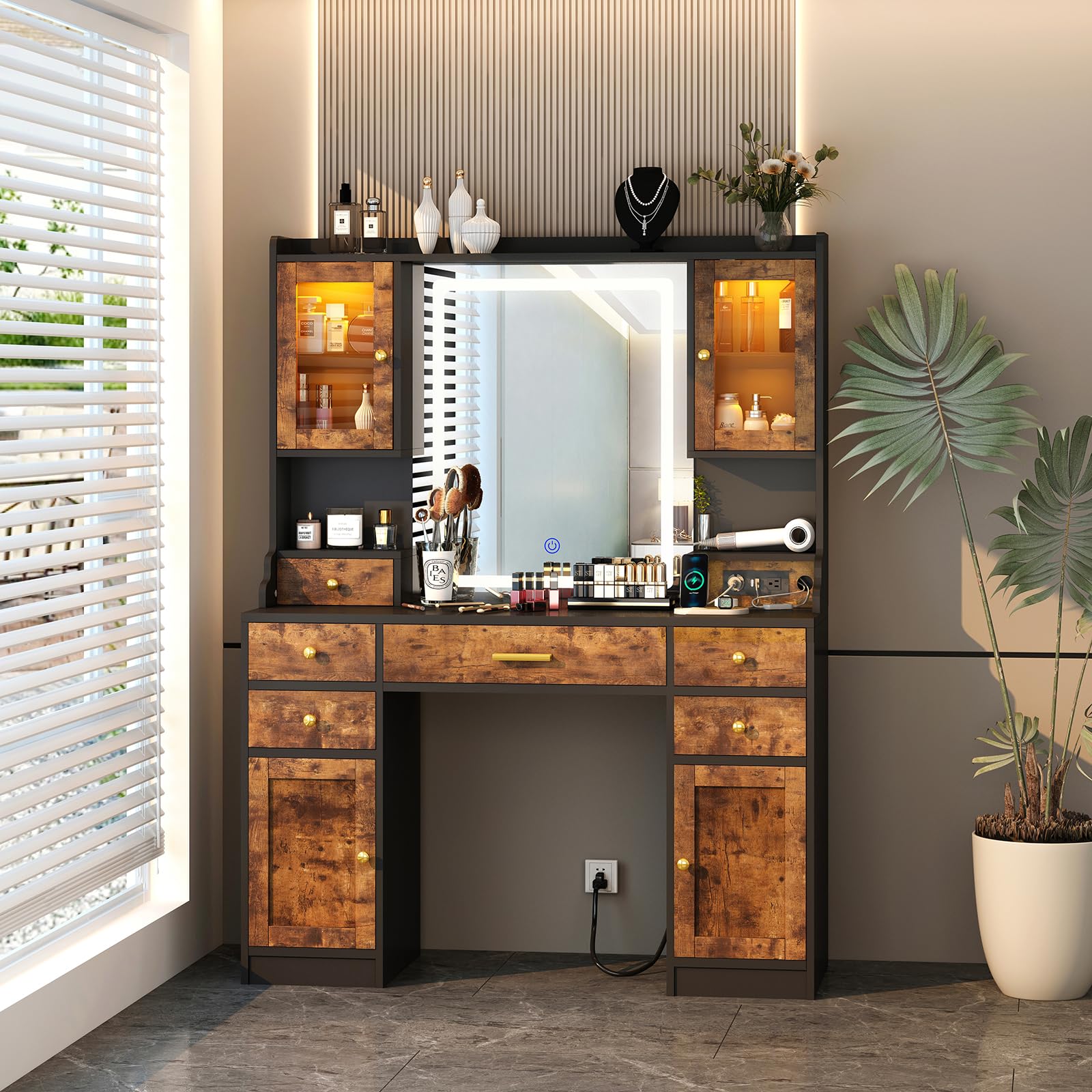 Dnxao Large Make up Vanity Desk with Mirror and Lights,3 Lights Mode and Brightness Adjusted by Touch Button, Built-in Power Strip and 6 Drawers,4 cabinets,2 cabinets with RGB Lights, Rustic Brown