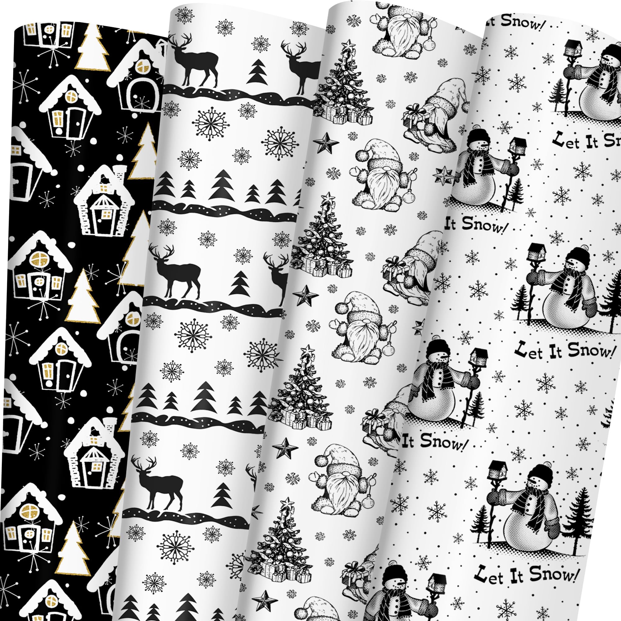 SaringSwoon Black White Christmas Wrapping Paper for Kids - Holiday Gift Wrap With Gnome, Reindeer, Snowman, Farmhouse, Xmas Tree Winter Designs - 40×28 Inches, 6 Folded Jumbo Sheets